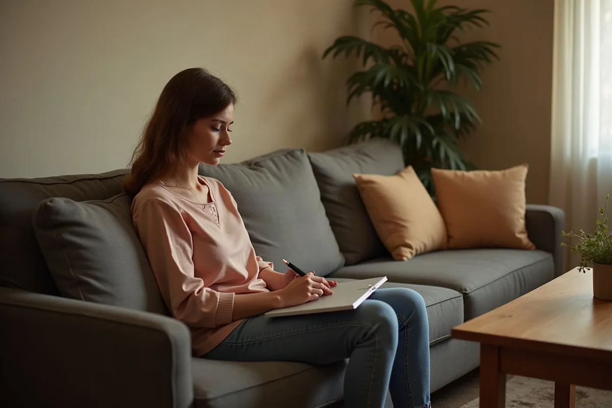 Uma mulher de uns 28 anos sentada no chão da sala, encostada no sofá, com o notebook no colo e um caderno cheio de anotações ao lado, rindo de uma lembrança, luz da tarde passando pela cortina