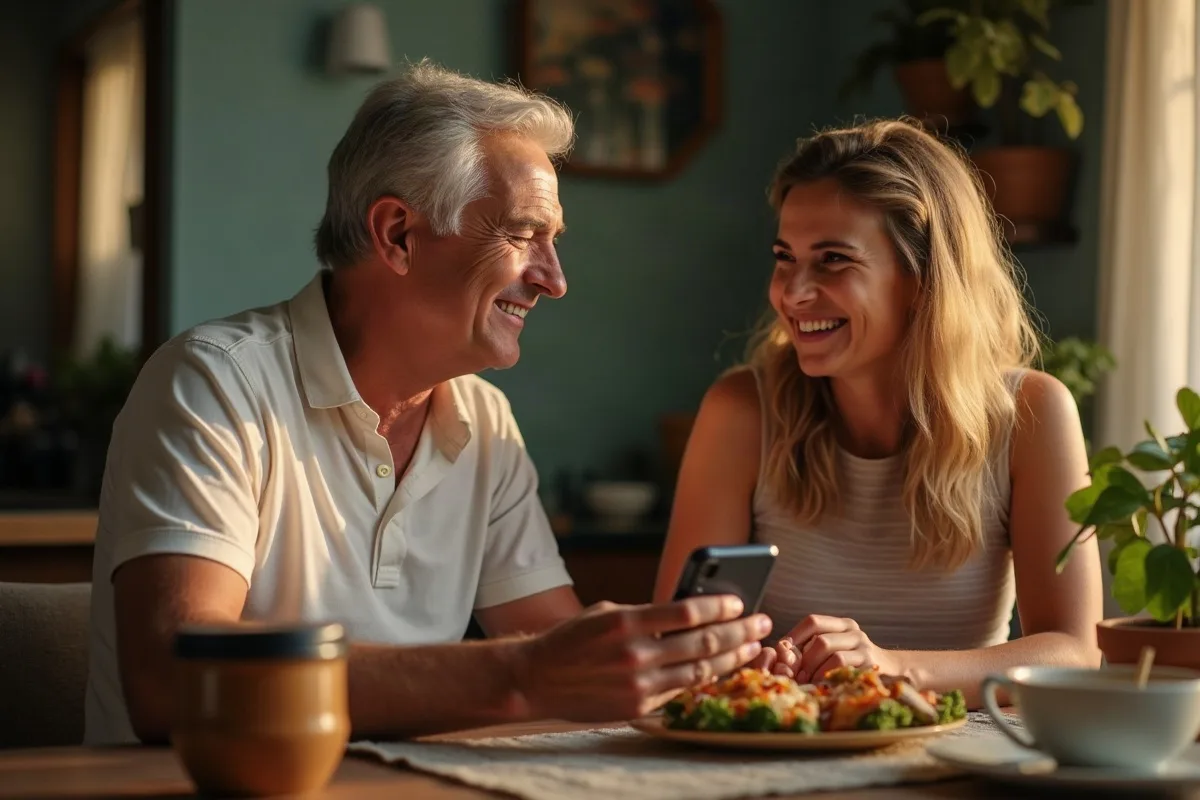 Um casal de uns 40 anos no quintal de casa, ele mostrando o celular para ela e ela cobrindo a boca de surpresa, balões coloridos amarrados na cerca e mesa de churrasco ao fundo, luz de fim de tarde