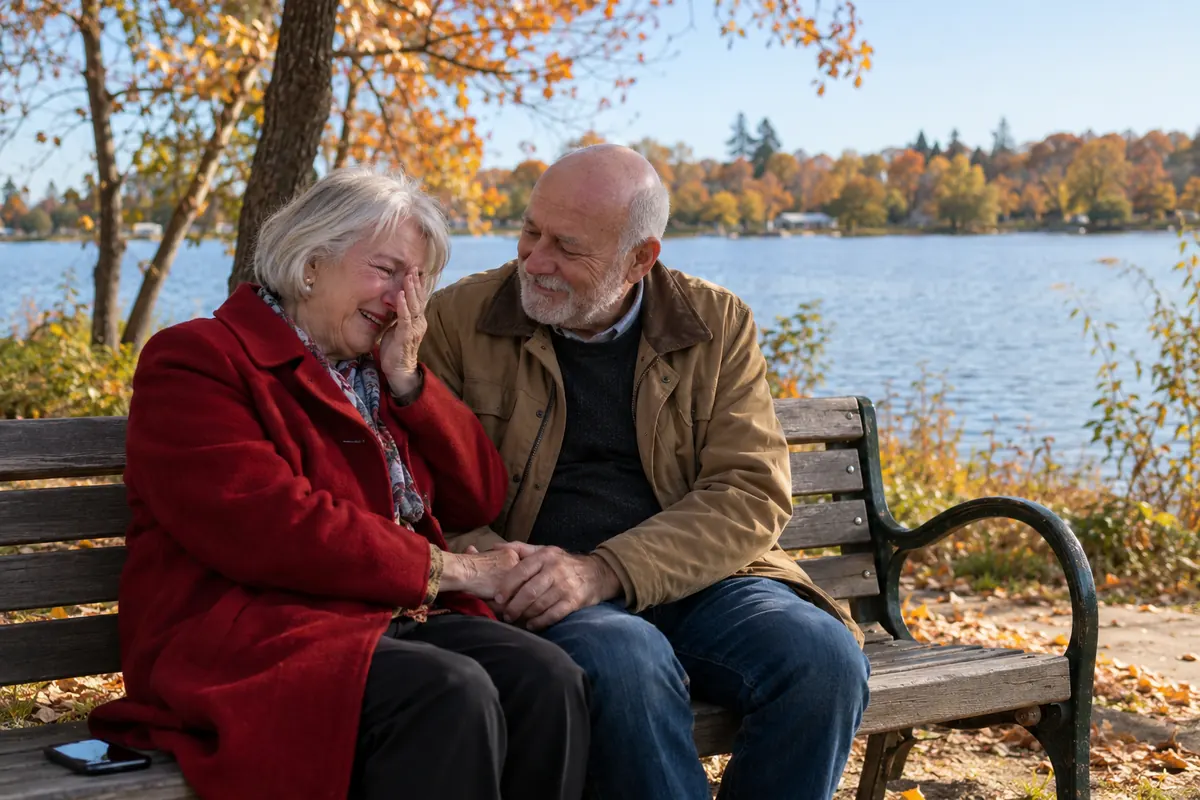 An older couple on a park bench by a lake listening to a song for their 40th anniversary