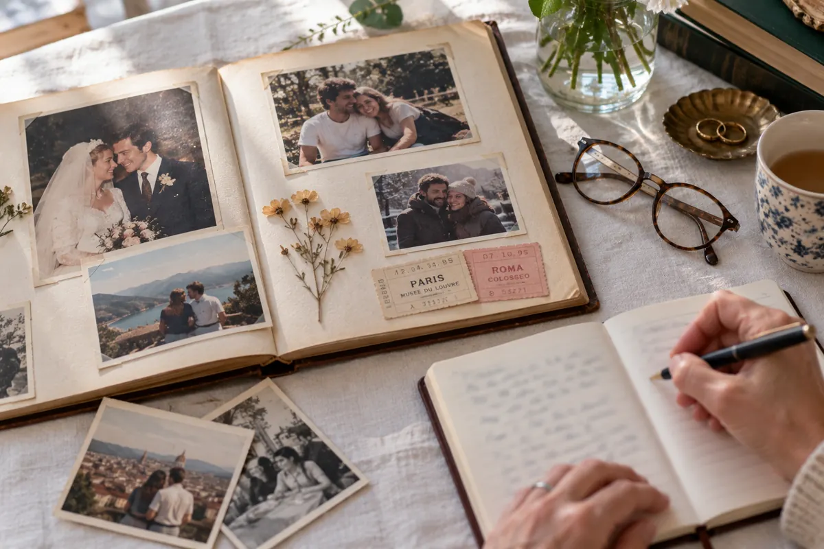 An open photo album, ticket stubs and handwritten notes gathered for an anniversary song
