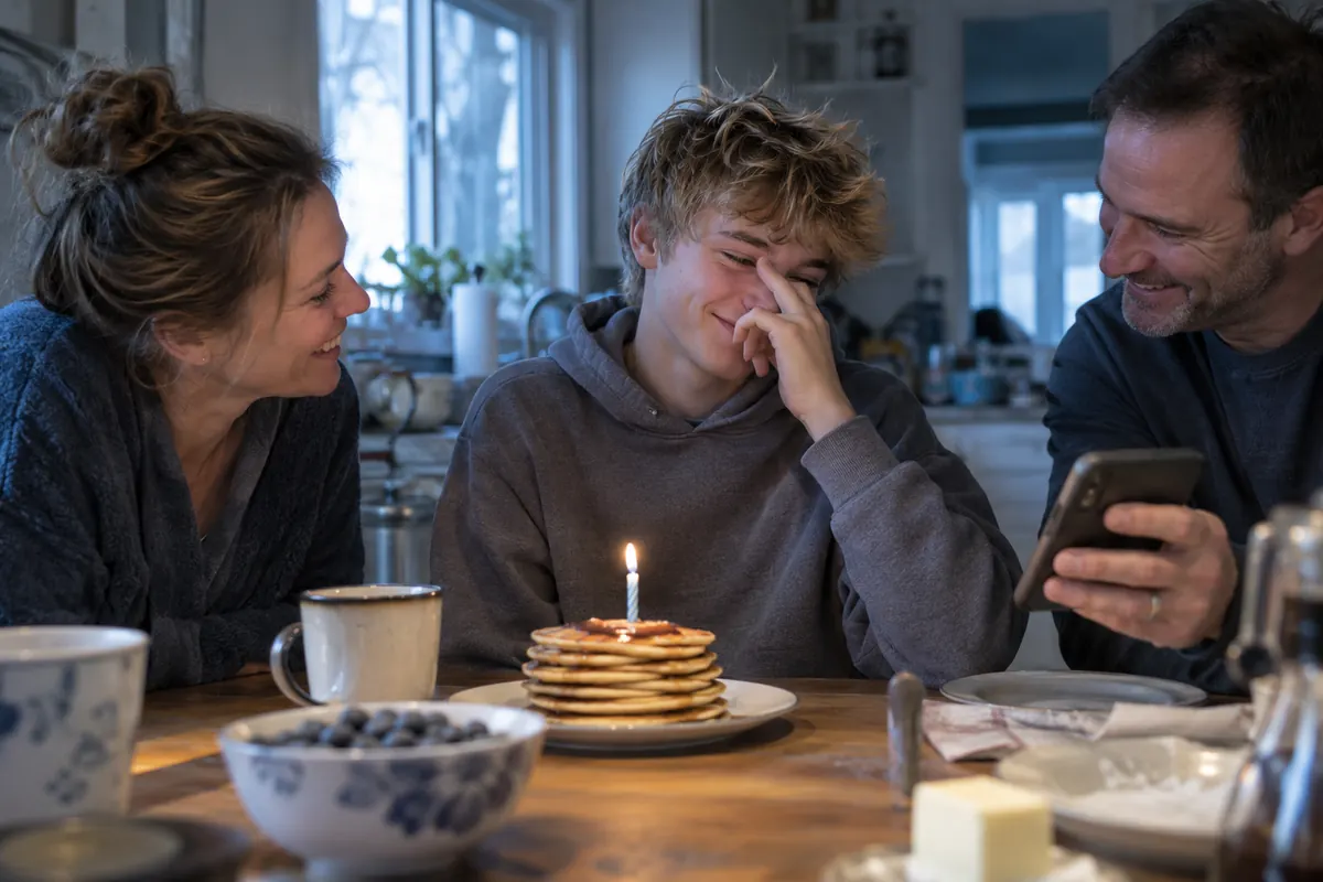 A teenage boy laughing at breakfast as his parents play him a birthday song