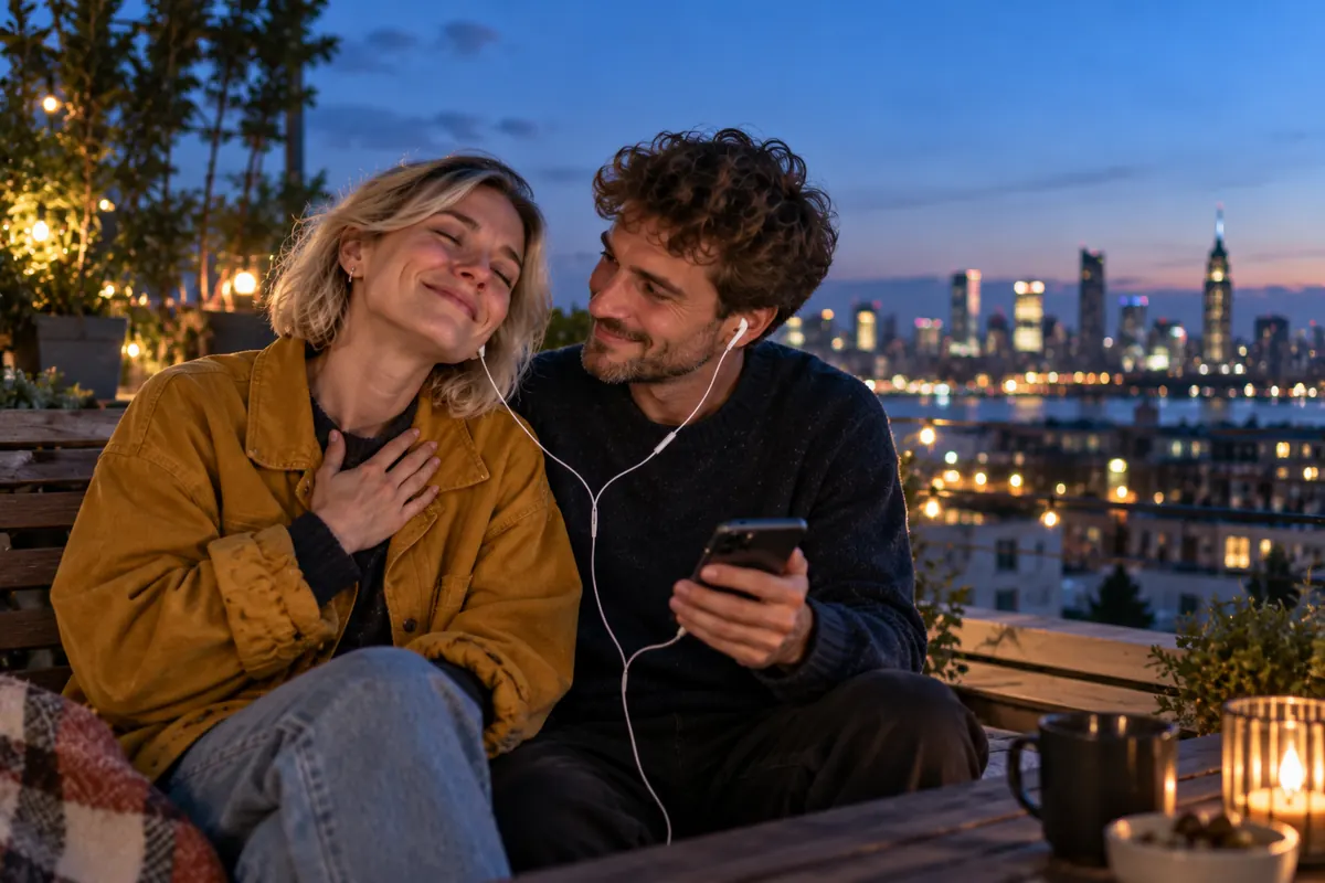 A young couple on a rooftop at blue hour sharing earbuds to hear a love song