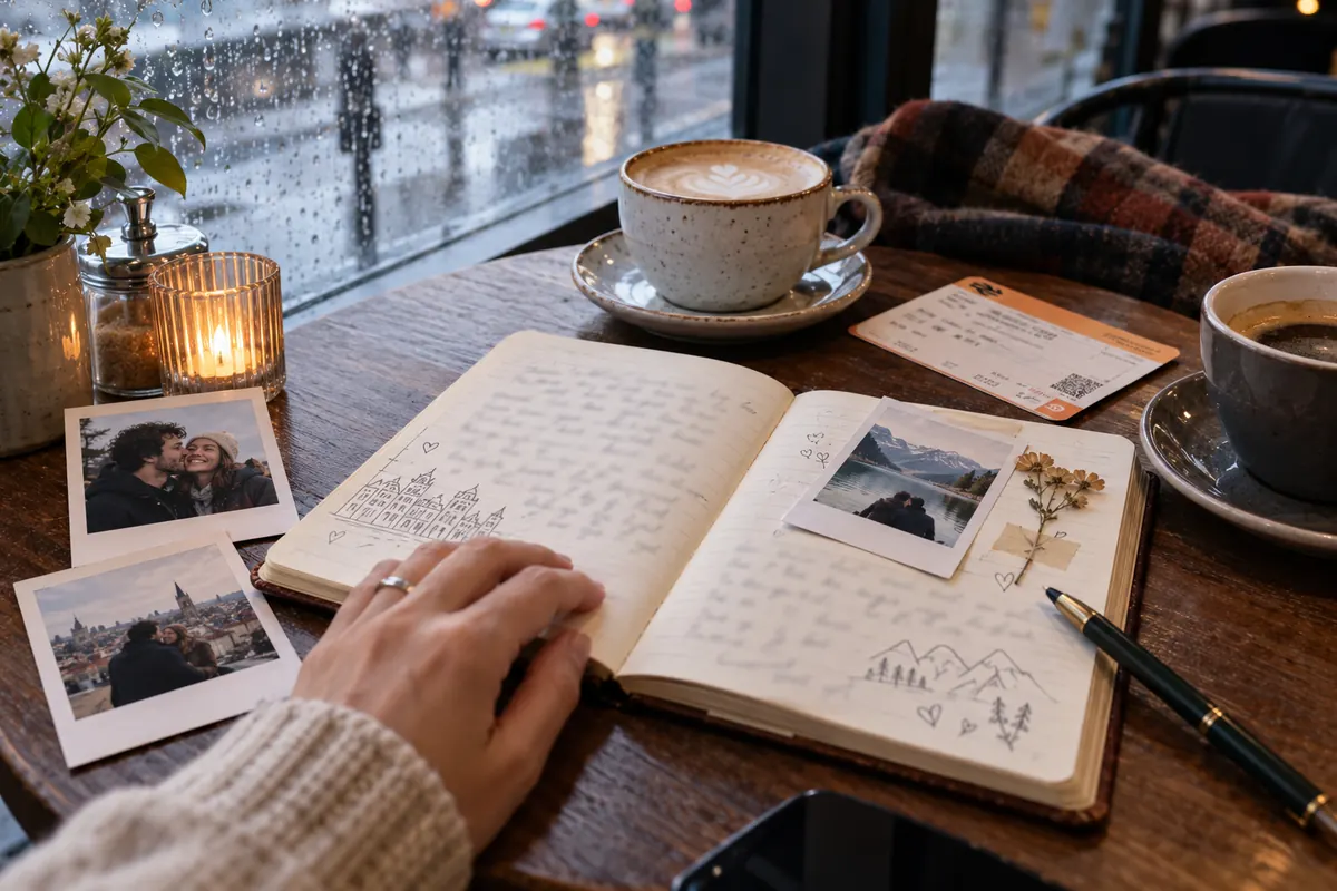 A café table on a rainy day with a notebook, instant photos and two coffee cups