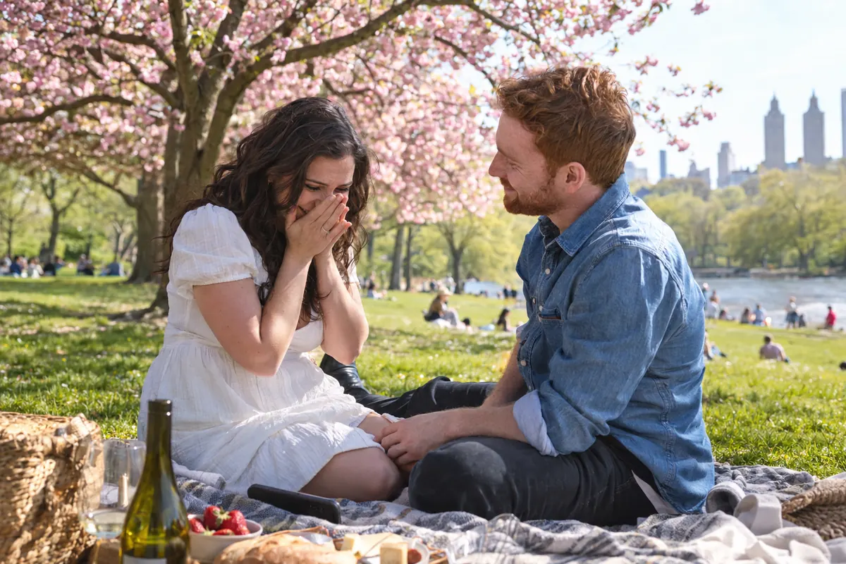 A couple at a spring picnic as she hears a love song he made for her