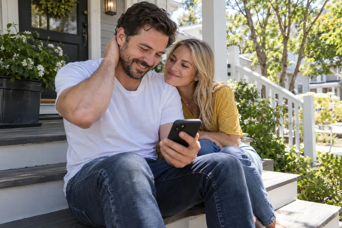 A man on his front porch hearing a song his wife made, with her beside him