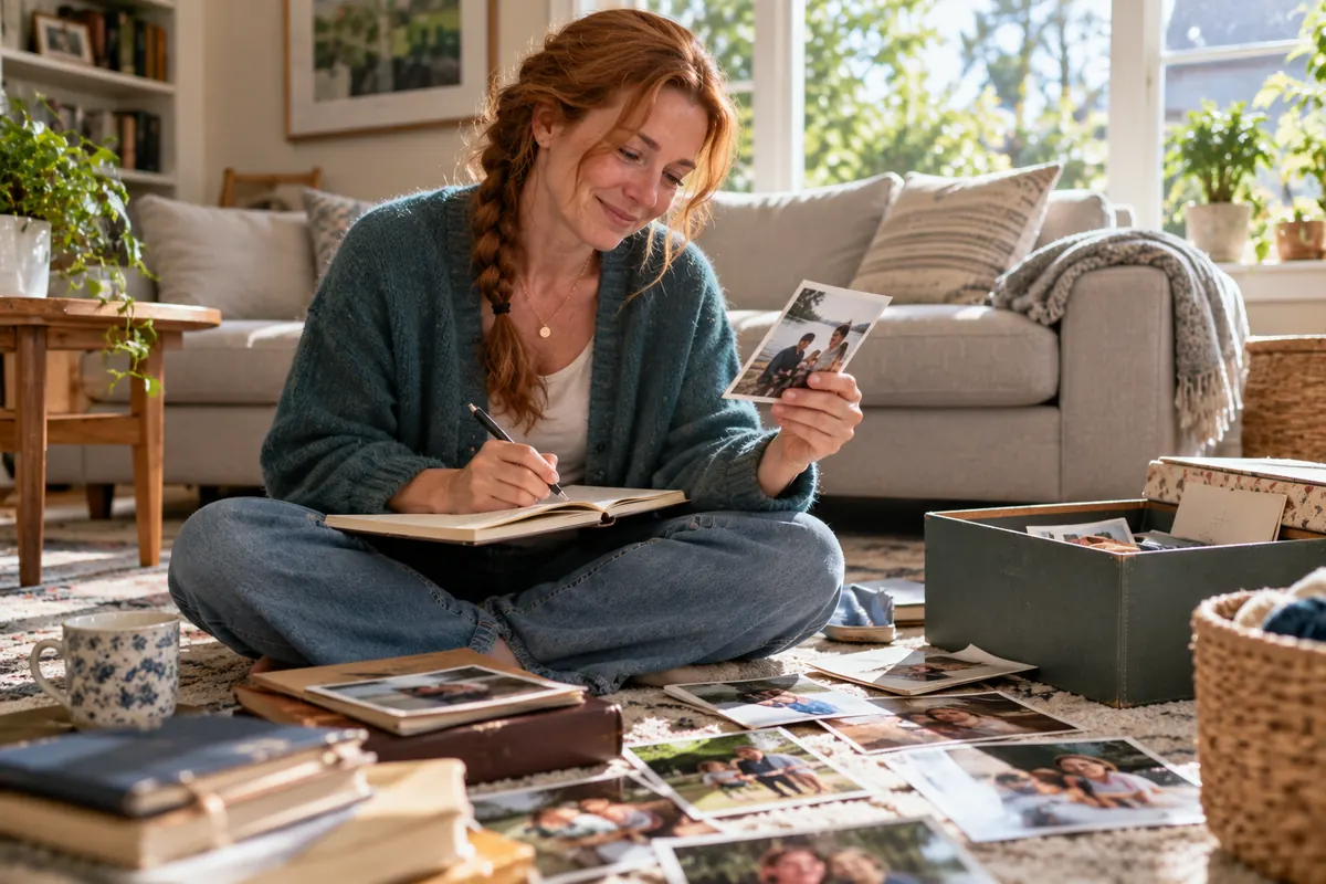 A woman going through old photos and writing notes for a song about her husband