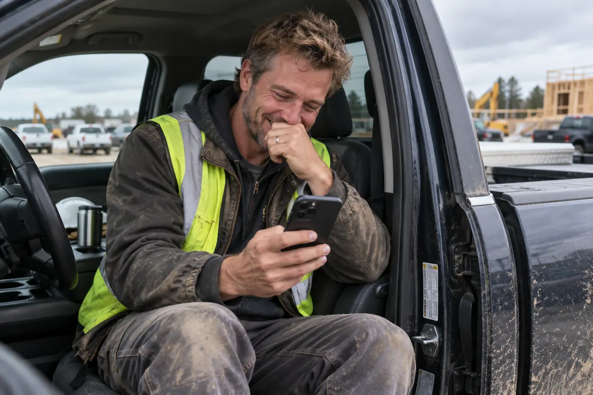 A man in a pickup truck at a job site laughing as he listens to a song from his wife