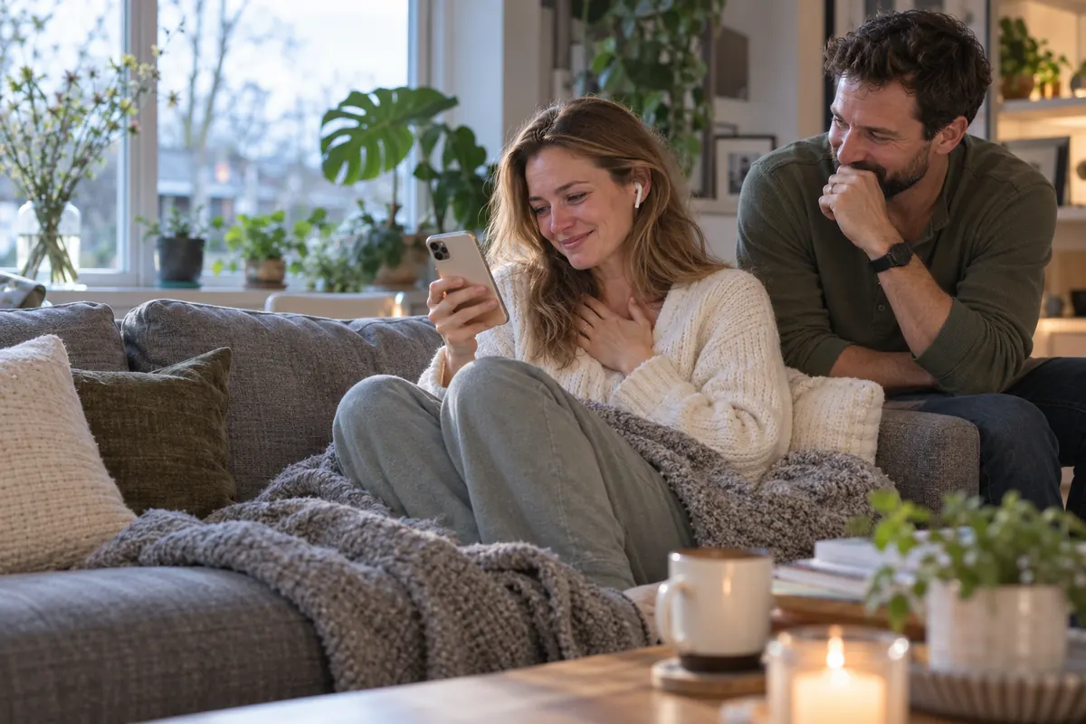 A woman on a sofa hearing a song from her husband while he watches her face