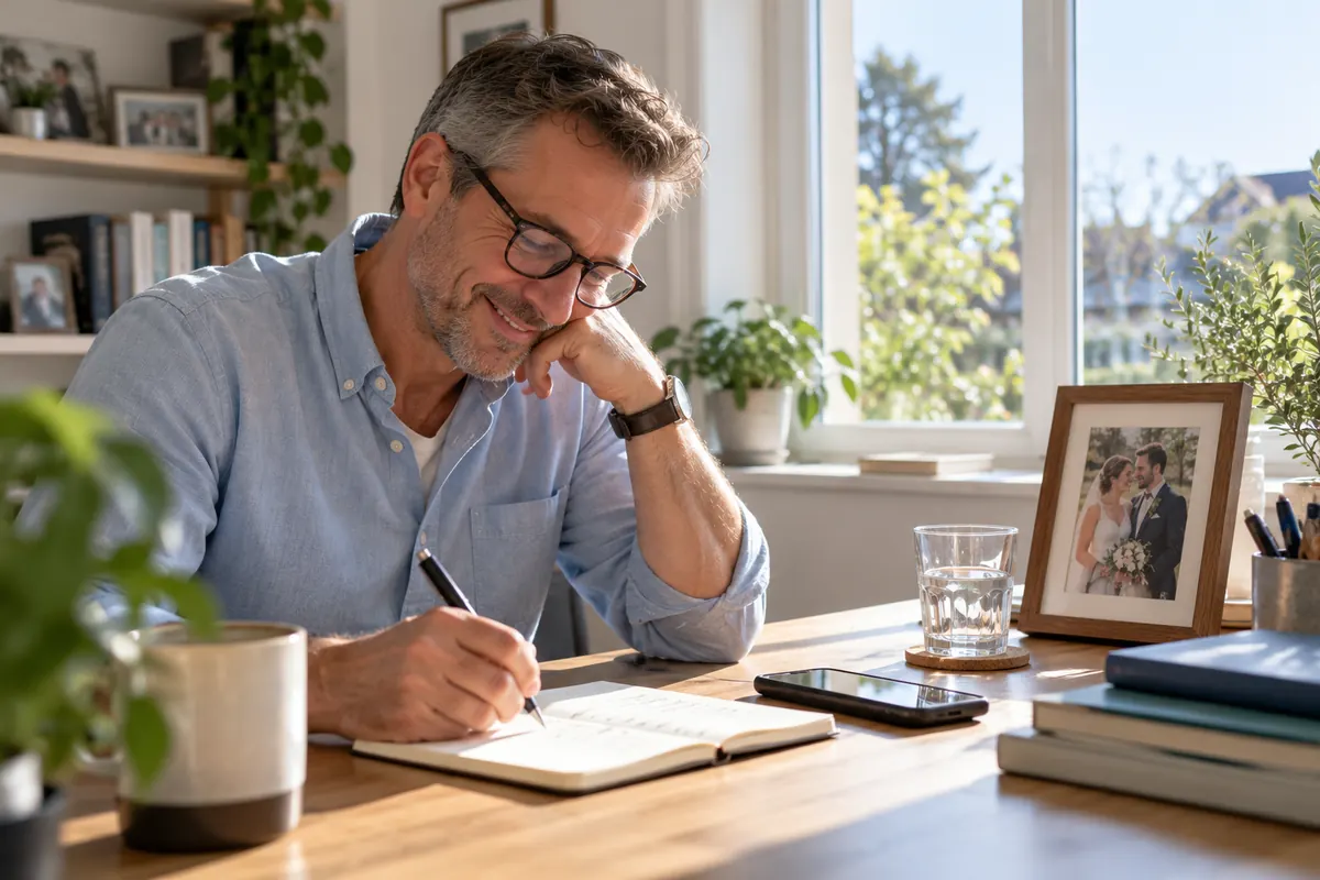 A man writing notes about his wife at a desk beside their wedding photo