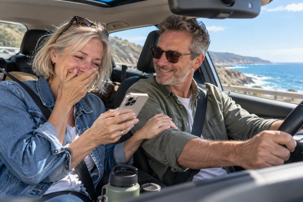 A couple on a coastal road trip listening to a song together in the car