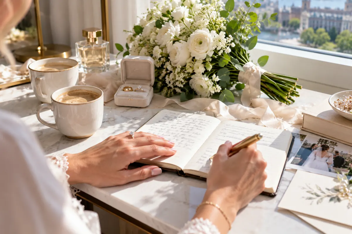 Notes and wedding rings on a desk by the window on the morning of a wedding