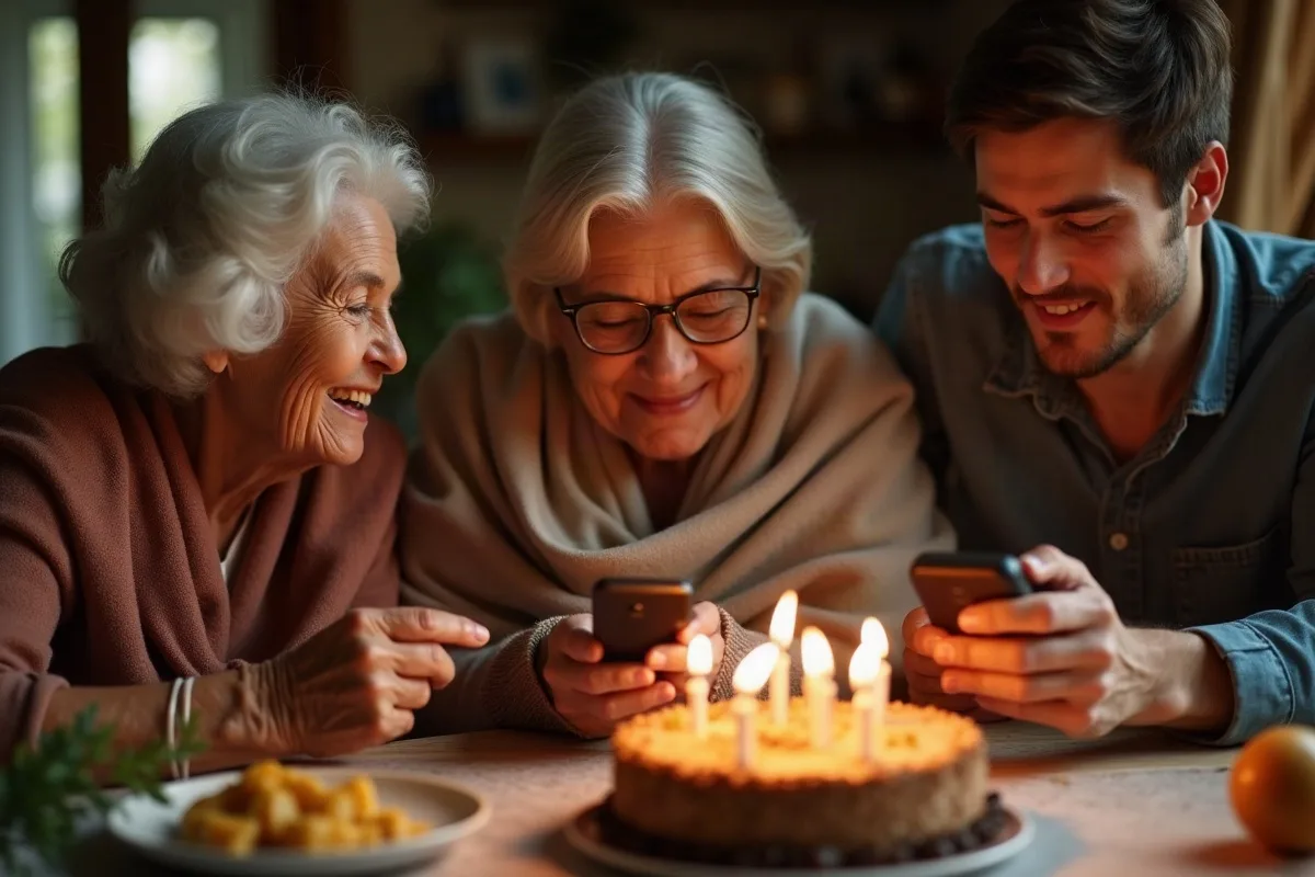 Una familia reunida en la cocina de una casa al amanecer, con un pastel con velas encendidas sobre la mesa, mientras una hija y un nieto adulto con el teléfono en la mano llevan la música a la abuela, sentada con una chalina y una sonrisa