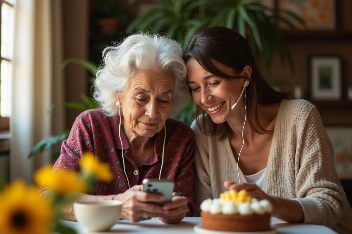 Una mujer mayor con un rebozo y su hija sentadas en la mesa de la sala con un pastel y flores amarillas, mirando un teléfono con auriculares compartidos