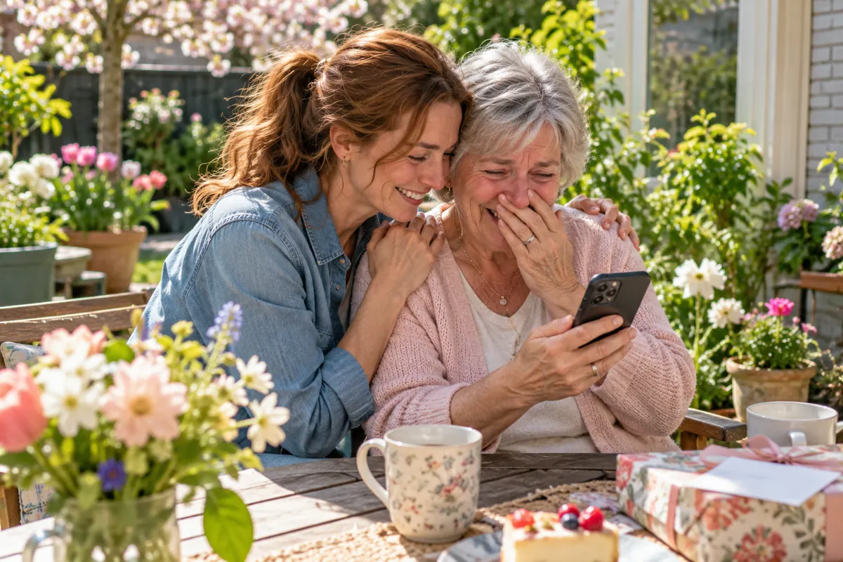 A grown daughter hugging her mother in the garden as a song plays on a phone