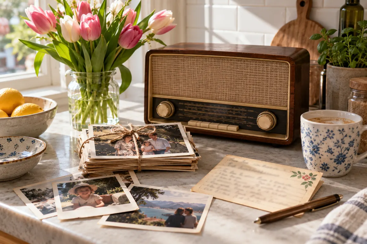 A vintage radio and a vase of tulips on a sunny kitchen counter