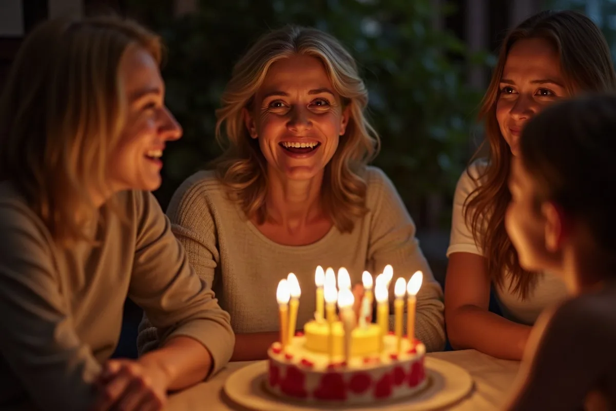 Mulher de uns quarenta anos soprando as velas de um bolo de aniversário na mesa da sala, cercada por familiares sorrindo à luz quente da noite