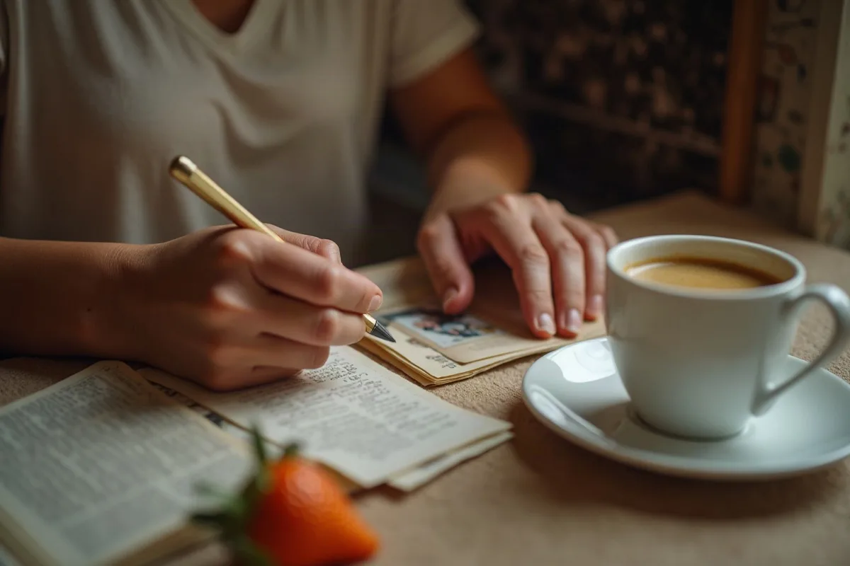 Mãos de uma pessoa anotando lembranças em um caderno ao lado de fotos antigas de família e uma xícara de café sobre a mesa da cozinha