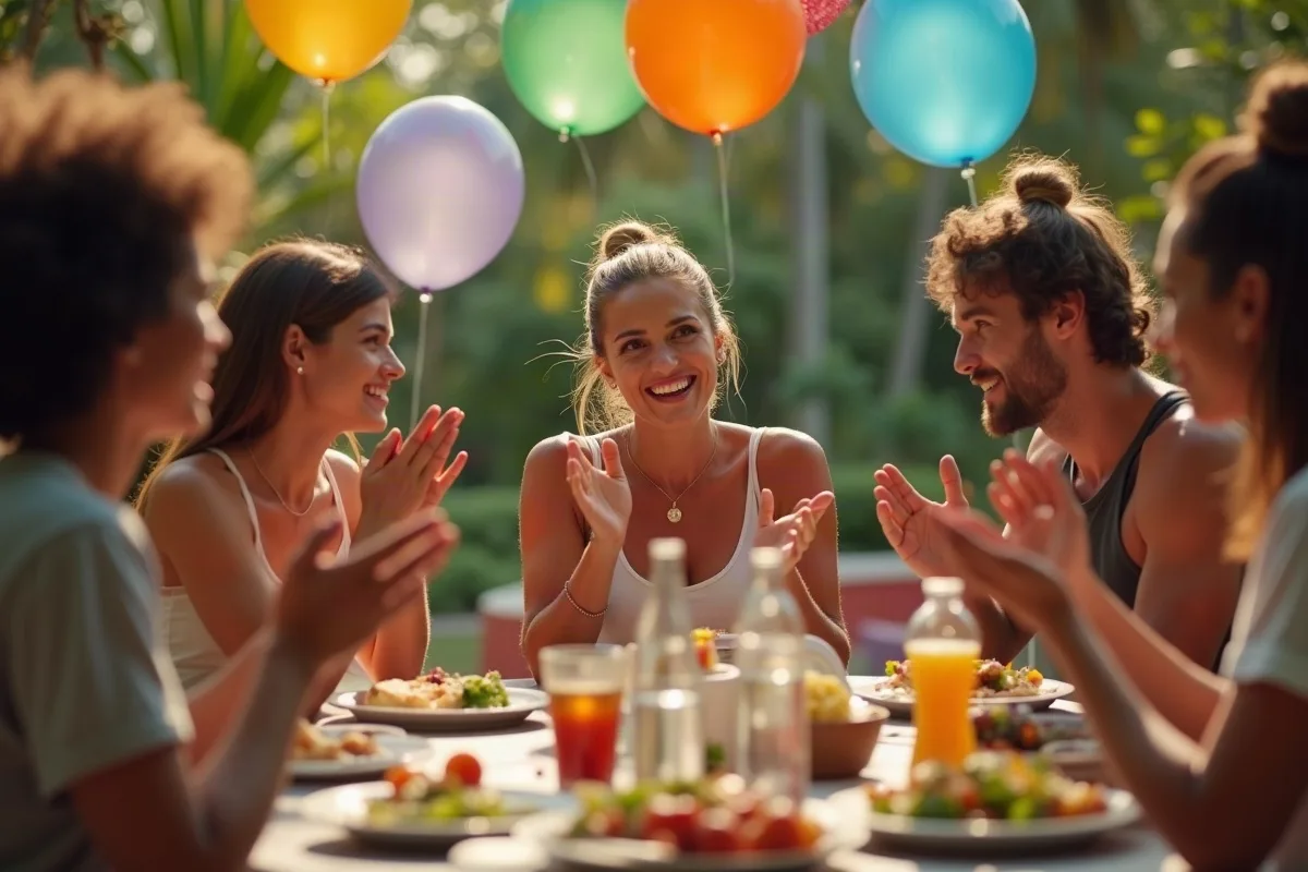 Família reunida em volta de uma mesa de churrasco no quintal, com balões coloridos e um celular tocando música enquanto todos aplaudem