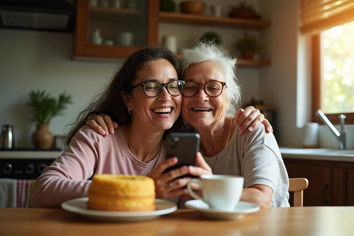Uma senhora de uns 60 anos sentada à mesa de uma cozinha brasileira, de óculos, ouvindo uma música no celular com a filha adulta ao lado, as duas se abraçando e rindo, bolo de fubá e café coado na mesa, luz dourada de uma manhã de domingo