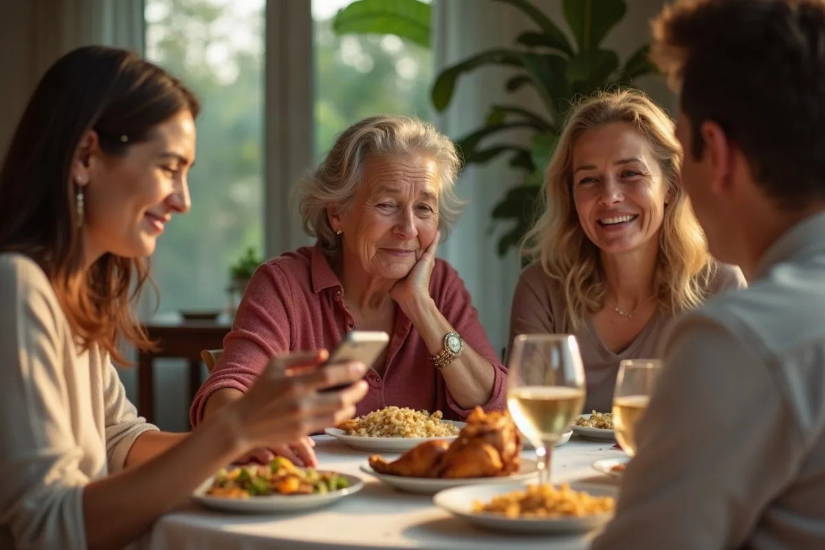 Uma família de quatro adultos em volta de uma mesa de almoço com panelas de arroz, feijão e frango assado, a mãe de olhos fechados ouvindo uma música no celular da filha, os outros sorrindo, luz de uma manhã de domingo