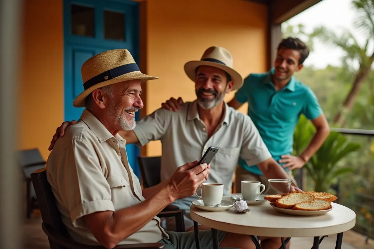 Um senhor de uns 65 anos de chapéu de palha sentado numa varanda de casa de interior, ouvindo uma música no celular do filho adulto, que está ao lado de mão no ombro dele, os dois sorrindo, copo de café e pão de queijo na mesinha, luz alaranjada do fim da tarde