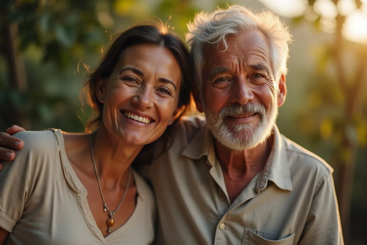 Uma mulher de uns 30 anos e o pai de uns 60, lado a lado no quintal, ele de avental de churrasco com espeto na mão, ela mostrando o celular, sorrisos largos, fumaça leve da brasa, luz do meio-dia