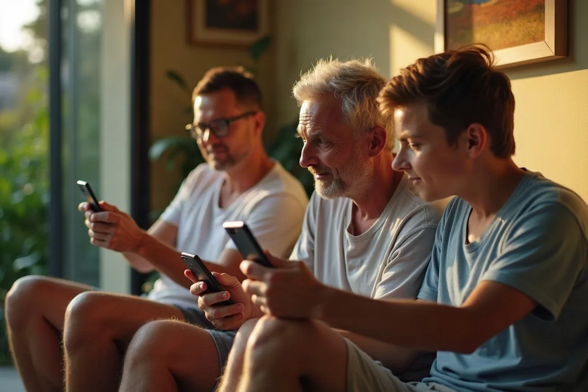 Três homens adultos de gerações diferentes, avô, pai e filho, sentados em cadeiras de plástico na calçada de casa, olhando juntos para um celular que toca uma música, com latas de refrigerante e um cachorro deitado, luz do fim de tarde