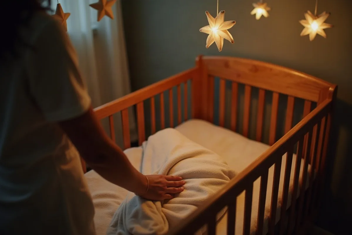 Quarto de bebê à meia-luz com um berço de madeira, um móbile de estrelinhas de tecido e as mãos de uma mãe ajeitando a mantinha