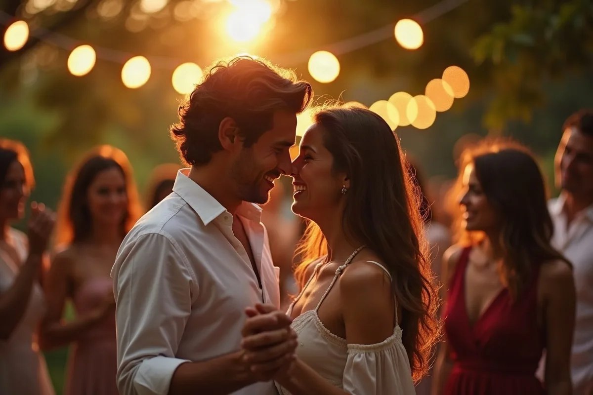 Casal de noivos dançando abraçado em um jardim ao fim da tarde, com convidados sorrindo ao redor e luzes penduradas nas árvores