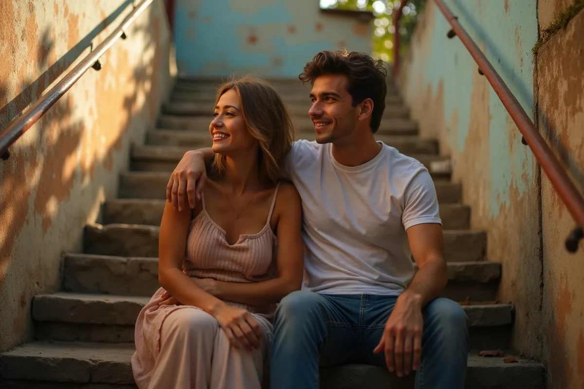 Casal jovem sentado lado a lado na escada de um prédio antigo ao entardecer, ele tocando violão e ela sorrindo de olhos fechados