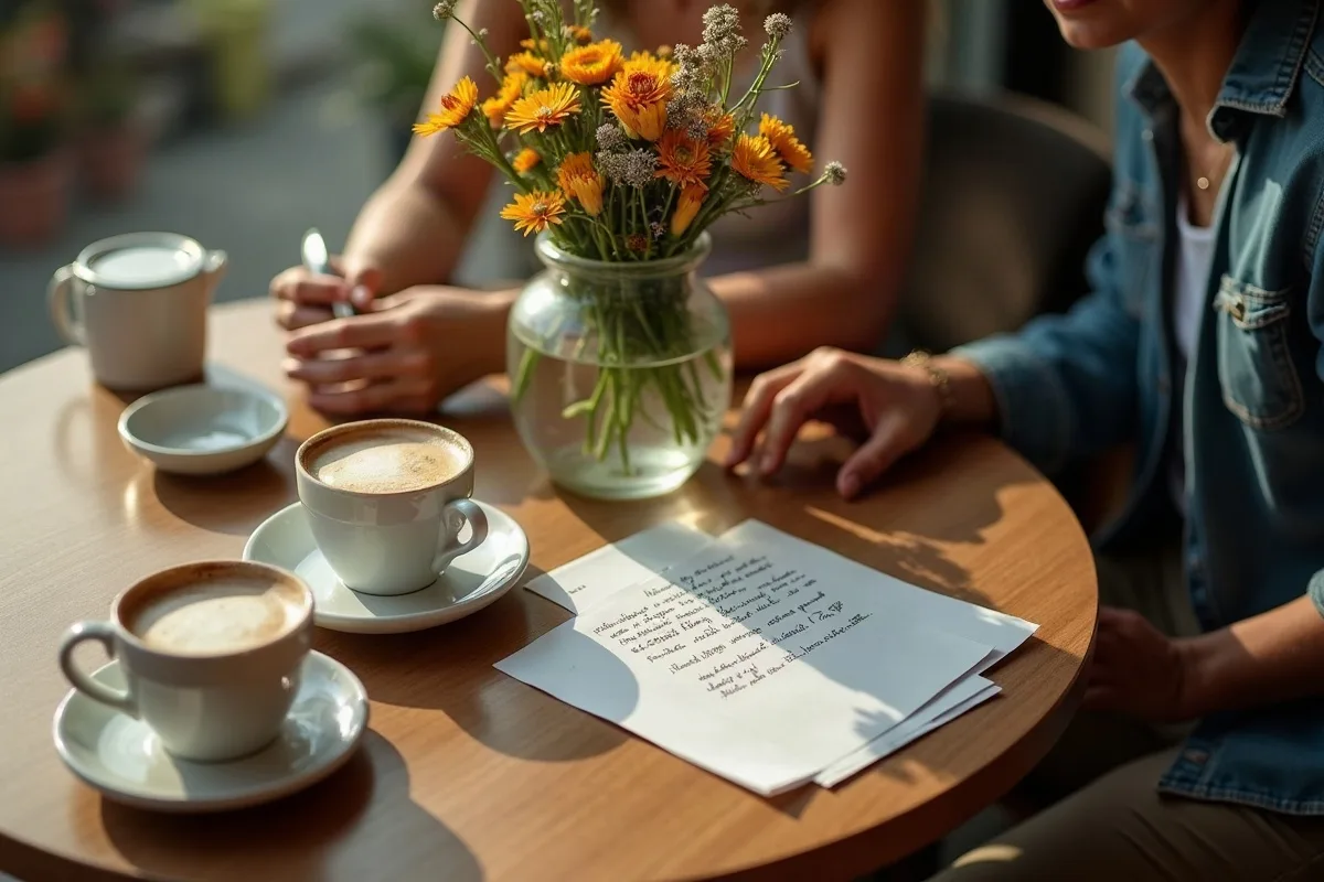 Mesa de café com duas xícaras, um bilhete escrito à mão e um buquê de flores do campo, vistos de cima à luz da manhã