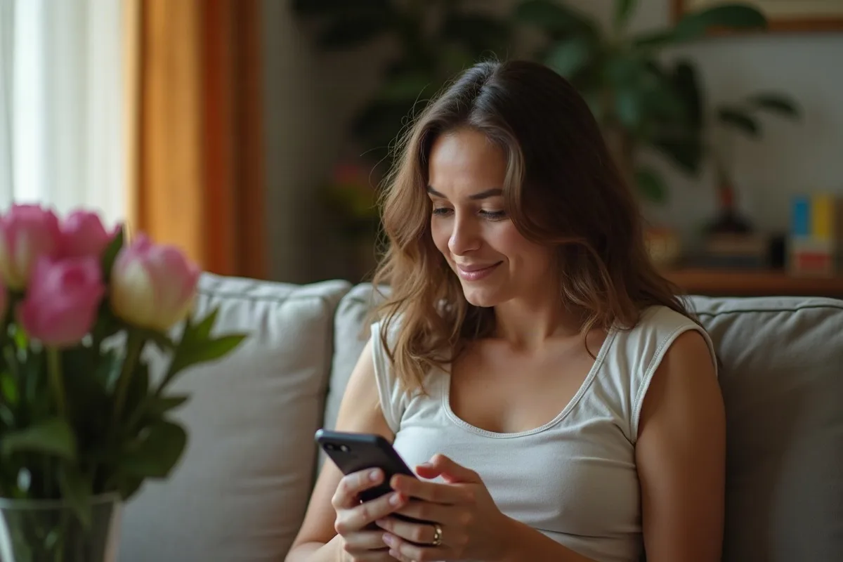 Mulher sentada no sofá da sala com fones de ouvido, rindo e secando uma lágrima, com o celular nas mãos e um vaso de flores ao lado