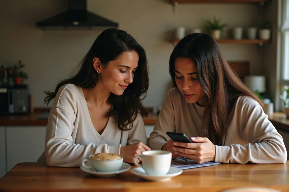 Duas amigas sentadas à mesa de uma cozinha, uma digitando no celular e a outra rindo enquanto folheia um álbum de fotos, café coado e bolo de cenoura entre as duas, luz dourada do fim da tarde