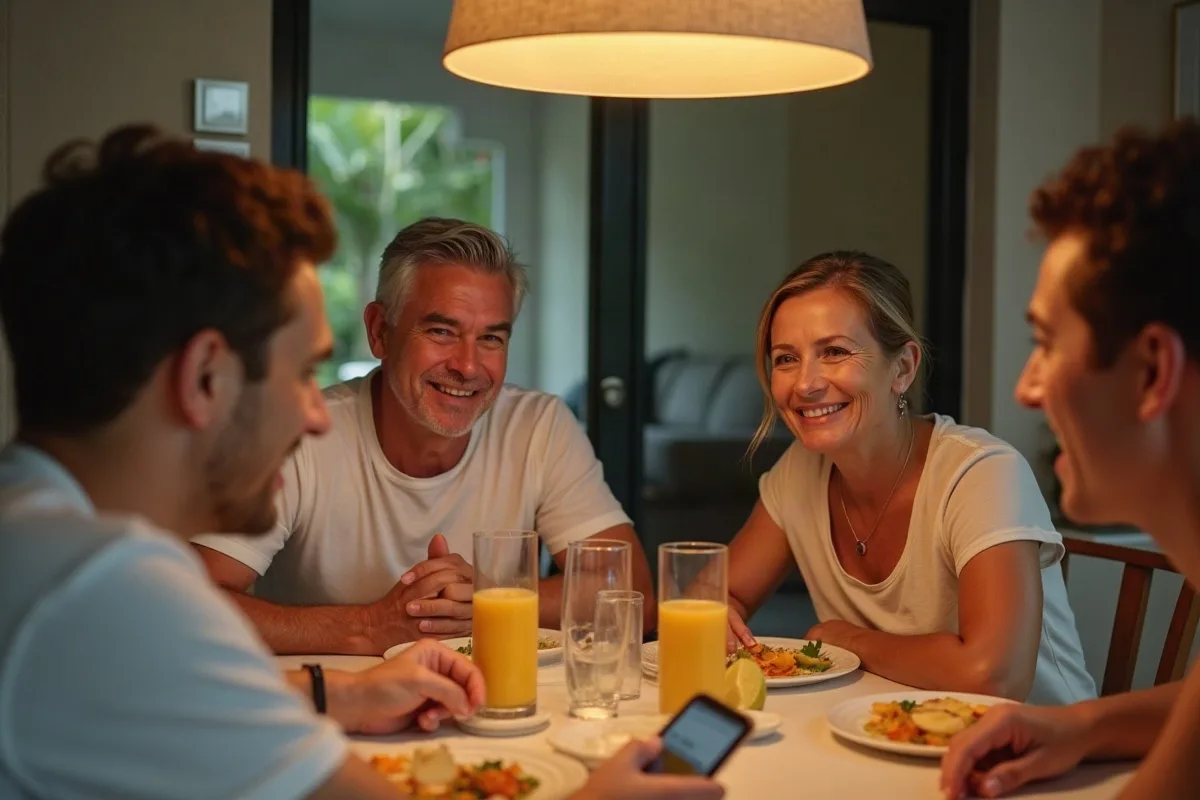 Quatro adultos ao redor da mesa de jantar numa casa de família, inclinados sobre um celular que toca um trecho de música, sorrisos e copos de suco de laranja, luz natural de um almoço de domingo