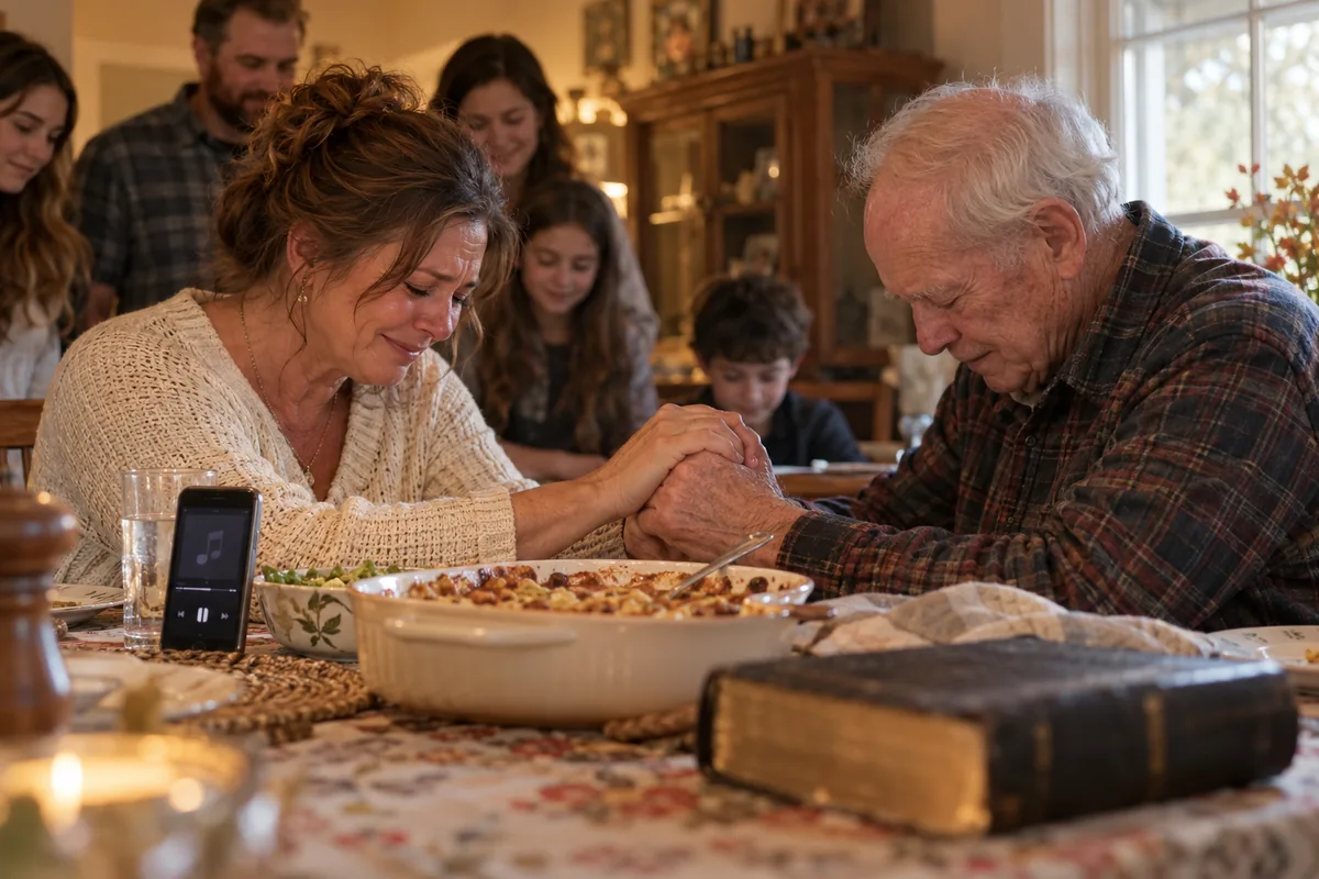 A woman and her elderly father holding hands in prayer at the family dinner table, a phone playing a song and a Bible beside them