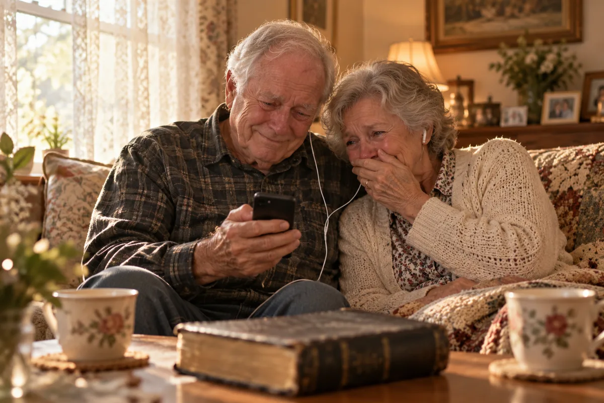 An elderly couple on a sofa listening to a song on a phone, her hand over her mouth, a Bible and cups of tea on the coffee table