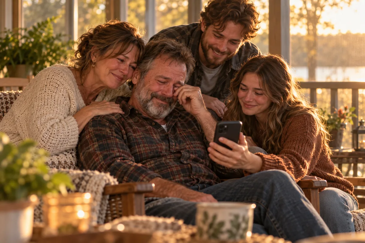A father wiping his eyes on a back porch as his wife and grown children play him a song on a phone